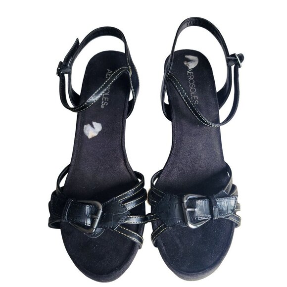 Aerosoles Black Strappy Platform Wedge Sandals Buckle Detail Adjustable Size 10 - Picture 4 of 14